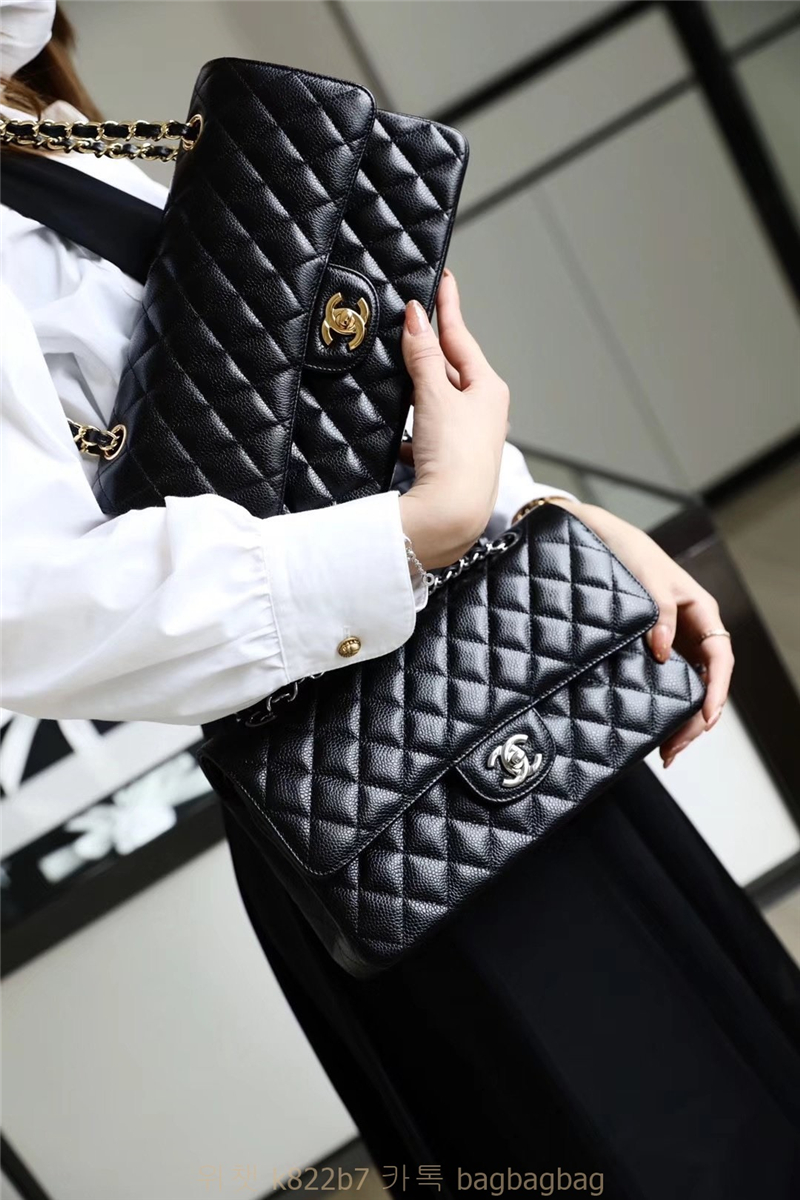 샤넬 CHANEL 클래식백 캐비어 램스킨 금장 은장 25cm