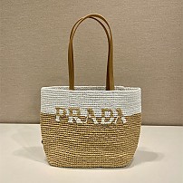 프라다 PRADA 라피아 앤 레더 토트백 탄 화이트  1BG454