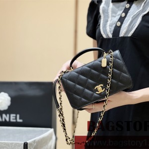 샤넬 CHANEL 탑핸들 미니 플랩백 캐비어 금장 블랙