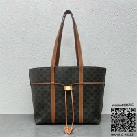 셀린느 CELINE 트리옹프 캔버스  카프스킨 탠 드로우스트링 카바스 쇼핑백 113722