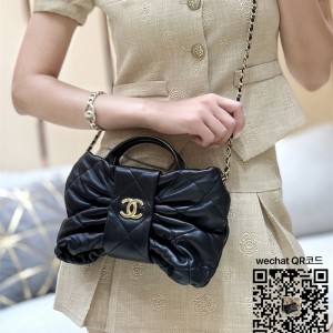 샤넬 미니 보우백 CC로고 체인 램스킨 블랙 골드 AS5849