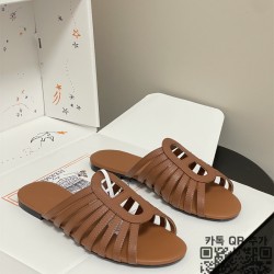 에르메스 여성 멀티 스트랩 H 로고 플랫 샌들 브라운